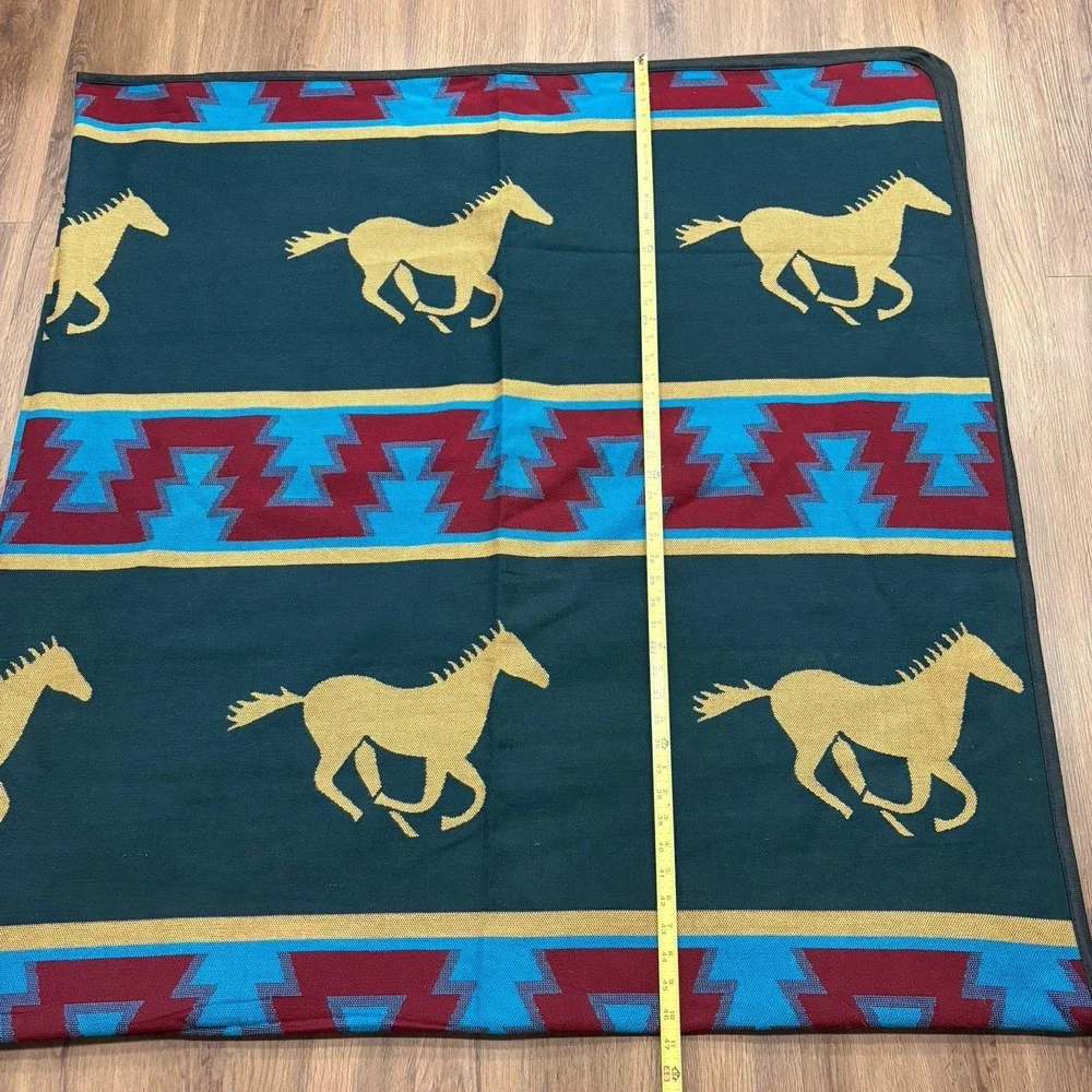 Wool Running Horses Native Style Blanket Teal Gold Reversible Casino Exclu 90x92
